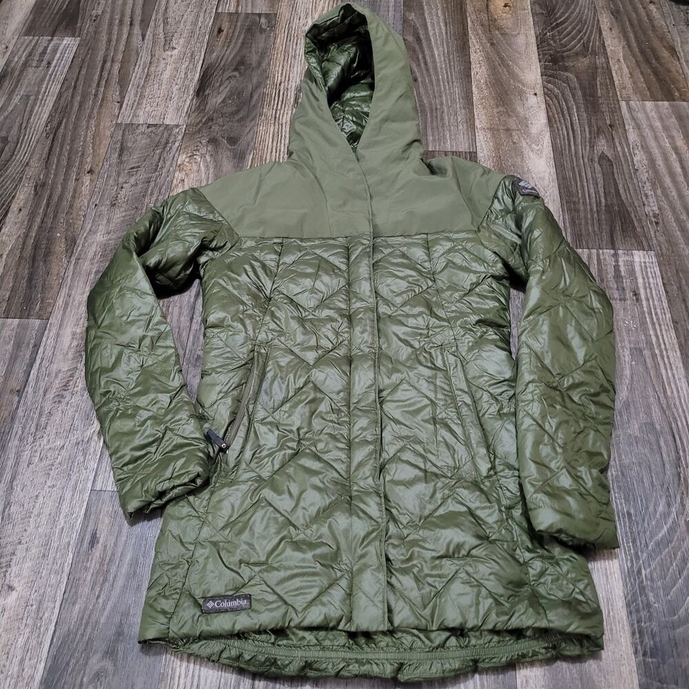 Columbia Hooded Puffer Jacket Parka Womens XS Green Long Quilted